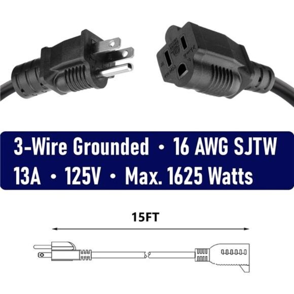 2-Pack 15ft Extension Cord Outdoor Belllights 16 SJTW AWG Heavy Duty Power Cord - Picture 2 of 7